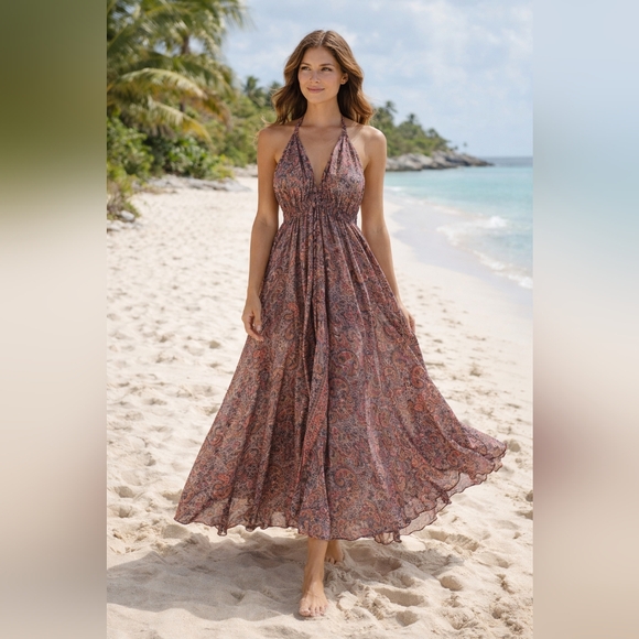 Corte Hindu Dresses & Skirts - CORTE HINDU Pink and Blue Flowy Paisley V-Neck Halter Open Back Maxi Dress